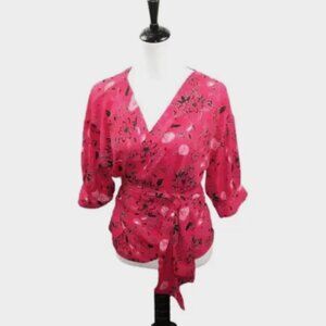 Violet+Claire Dark Pink Floral Short Sleeve Kimono Wrap Blouse Size Small